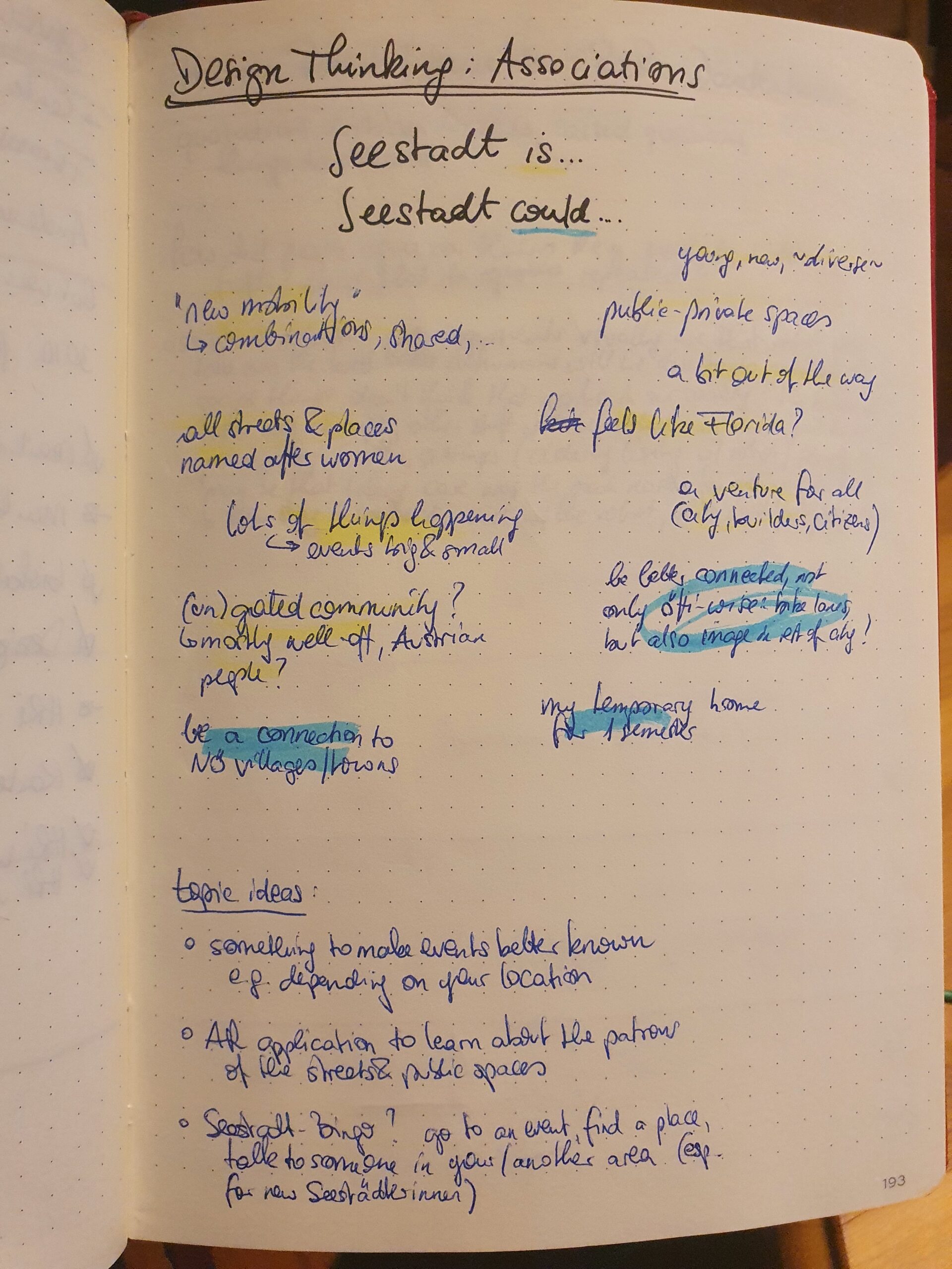 A handwritten word cloud of associations titled "Seestadt is ..., Seestadt could ...". Associations are color coded in blue and yellow, followed by a list of three topic ideas.